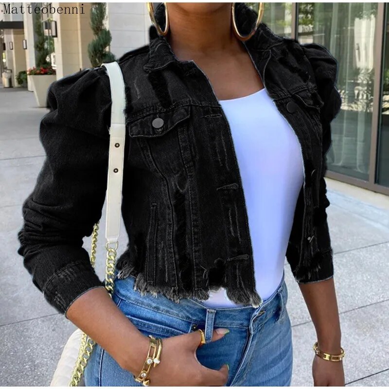 Autumn Women Sexy Ripped Denim Jackets 2021 Vintage Casual Short Jean Jacket Puff Sleeve Winter Female Coat Streetwear