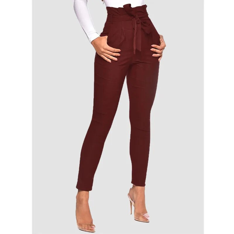 Dressmecb Solid Red Casual Pants Women Pants High Waist Ruched Bow Pencil Pants Female Summer Fashion Autumn Long Trousers 2021