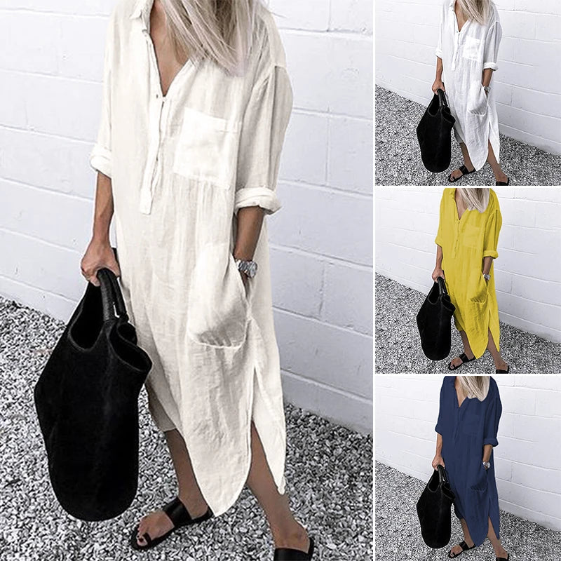 ZANZEA Fashion Autumn Lapel Neck Long Shirt Dress Women Long Sleeve Buttons Cotton Sundress Casual Loose Work OL Vestido