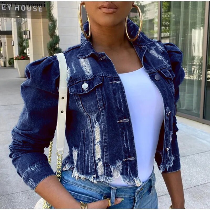 Autumn Women Sexy Ripped Denim Jackets 2021 Vintage Casual Short Jean Jacket Puff Sleeve Winter Female Coat Streetwear