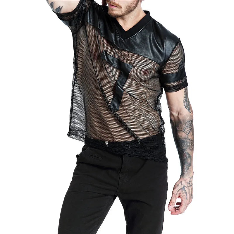 Sexy Men Undershirts Short Sleeve T-Shirts Men Tank Tops Faux Leather See Through Casual Mesh Shirts Stage Clubwear Men Clothes