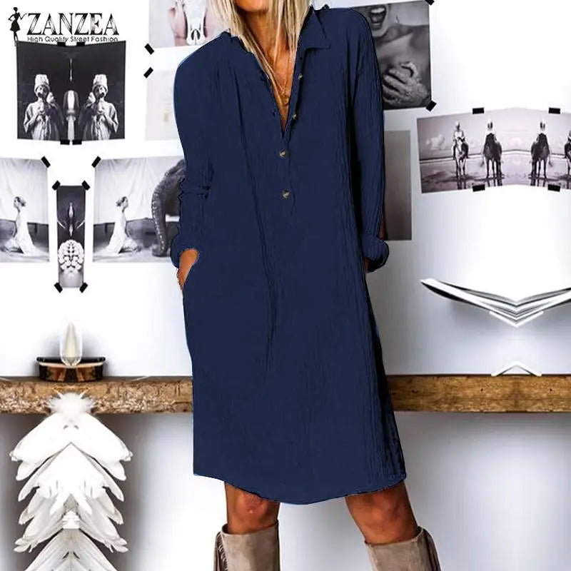 ZANZEA Fashion Autumn Lapel Neck Long Shirt Dress Women Long Sleeve Buttons Cotton Sundress Casual Loose Work OL Vestido