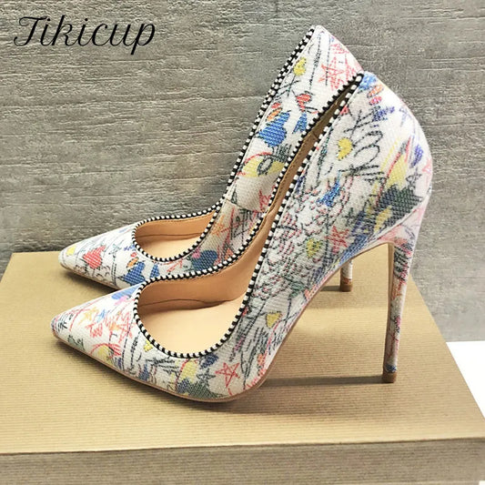 Tikicup Sew Edged Women Graffiti Printed Stiletto High Heels Pointed Toe Slip On Designer Shallow Cut Pumps Wedding Shoes White