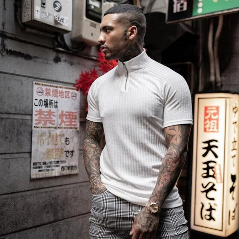 Fitness Mens T-shirt Stripe Summer Man Tshirt Fashion Tops Streetwear Male Knitted New Brand Gym Clothing Short Sleeve Tee Shirt