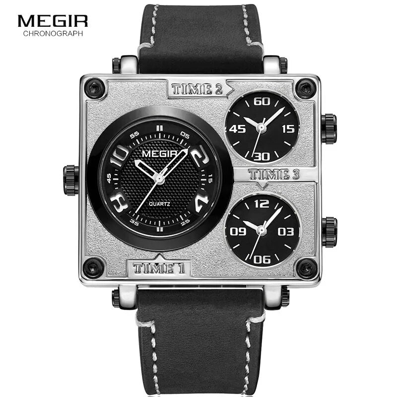 MEGIR Multi Time Zones Quartz Watches Men Top Brand Luxury Relogios Masculino Square Dial Leather Army Sport Wristwatch Man2069g