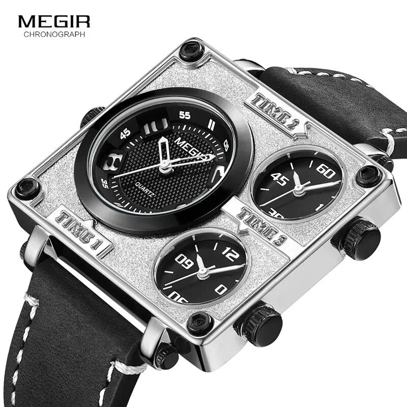 MEGIR Multi Time Zones Quartz Watches Men Top Brand Luxury Relogios Masculino Square Dial Leather Army Sport Wristwatch Man2069g