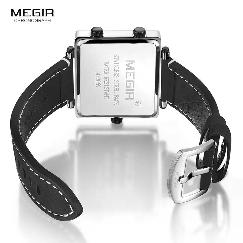 MEGIR Multi Time Zones Quartz Watches Men Top Brand Luxury Relogios Masculino Square Dial Leather Army Sport Wristwatch Man2069g