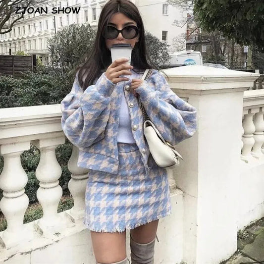 Vintage Sweet Women Pearl Button Check Gingham Plaid Blazer High Waist A line Mini Short Skirts Long Sleeve Suits 2 Pieces Set