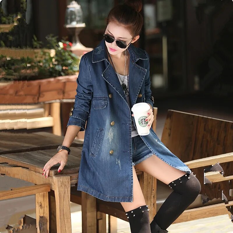 UHYTGF Spring Autumn Denim Jacket Women Long Coat Double-Breasted Casual Loose Size 4XL Jeans Jacket Elegant Female Basic Coat72