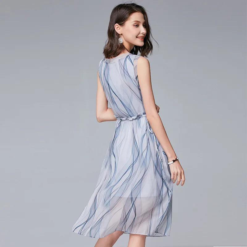 2024 new women's middle school long sleeveless fungus edge waist drawstring stripe elegant Fairy Dress