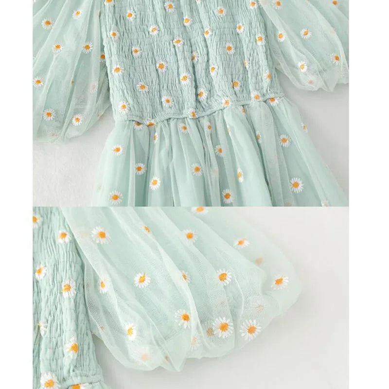 small daisies embroidery mesh dresses women 2022 sexy off the shoulder french vintage party ruffle dresses elegant vestidos