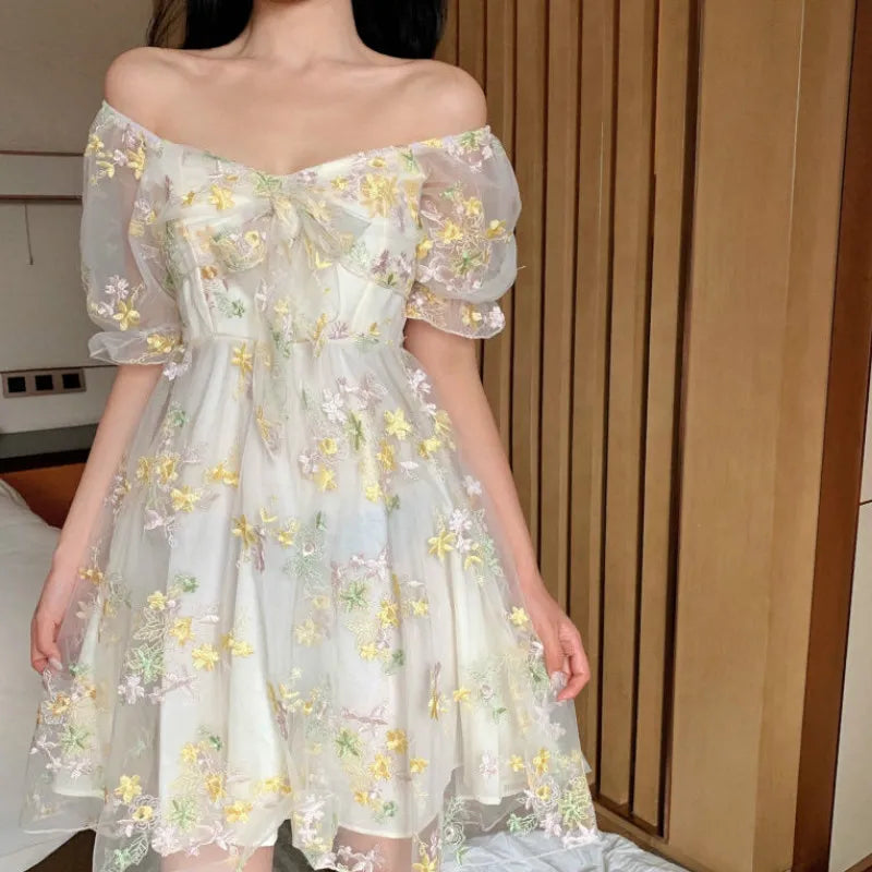 French Floral Dress Women Sexy Puff Sleeve Lace Chiffon Print Mini Dress Women Summer Korean Style Vintage Fairy Dress New 2022