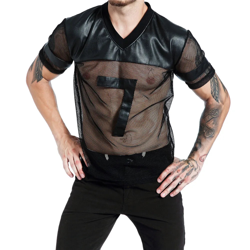 Sexy Men Undershirts Short Sleeve T-Shirts Men Tank Tops Faux Leather See Through Casual Mesh Shirts Stage Clubwear Men Clothes