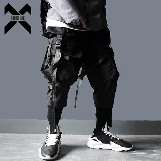 11 BYBB'S DARK Cargo Pants Men Harajuku Streetwear Tactics Pants Ribbon Multi-pocket Trousers Elastic Waist HipHop Male