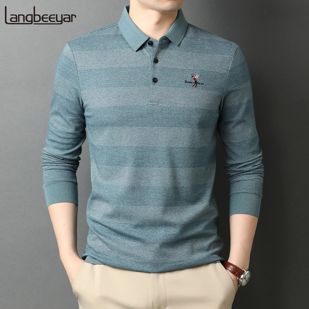 2023 High End New Fashion Brand Striped Designer Embroidery Casual Turn Down Collar Long Sleeve Polo Shirts Men Tops Men Clothes