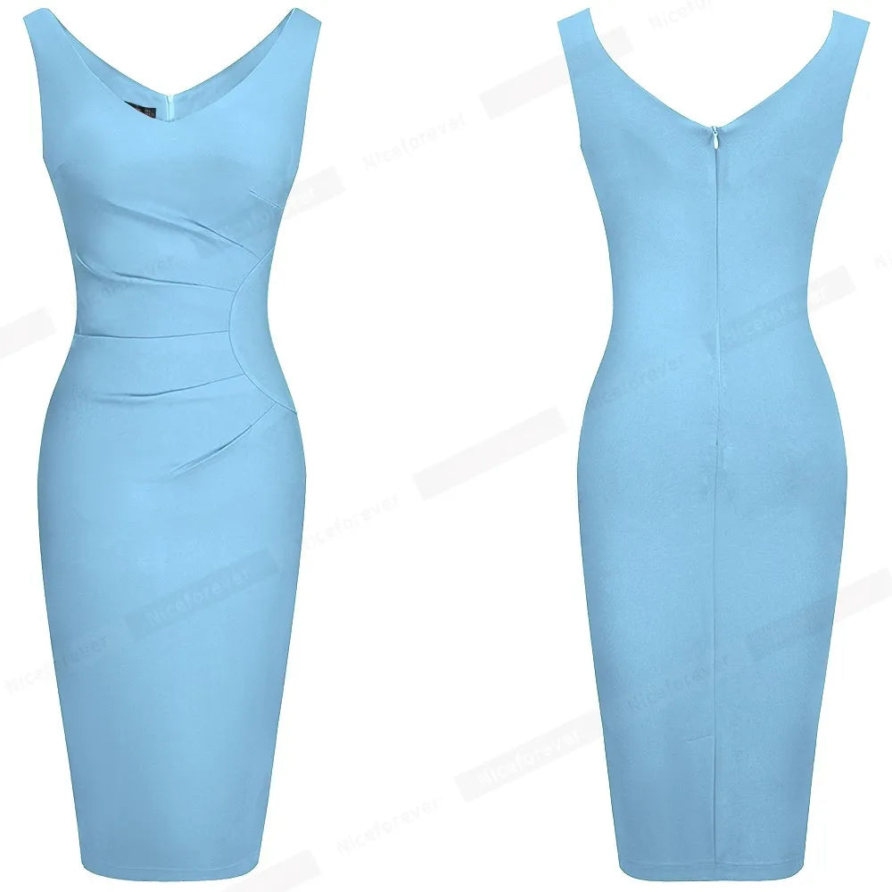 Nice-Forever 2021 Summer Women Elegant Pure Color Sexy V Neckline Dresses Formal Party Bodycon Slim Sheath Dress btyB605