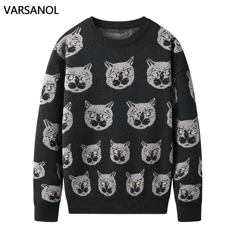 Varsanol Cartoon Cat Mens Sweaters Clothing Winter Warm Knitted Sweater Men Casual Pullovers Cotton Men Clothes Long Sleeve 2020