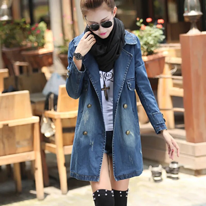 UHYTGF Spring Autumn Denim Jacket Women Long Coat Double-Breasted Casual Loose Size 4XL Jeans Jacket Elegant Female Basic Coat72