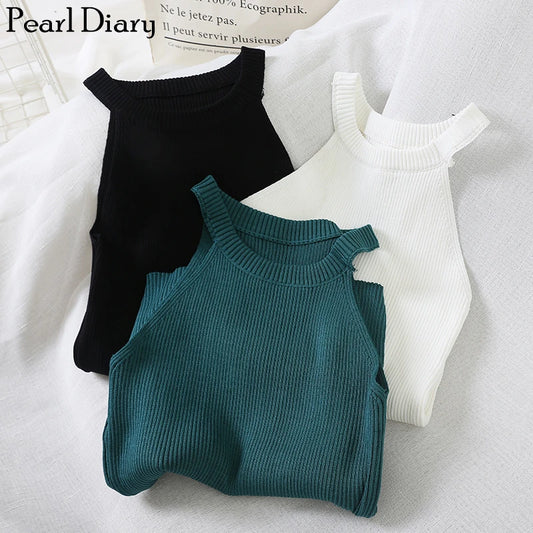 Pearl Diary Women Knitted Halter Vest Female High Neck Racer Solid Sleeveless Women Rib Knit Summer Off Shoulder Slim Fitted Top