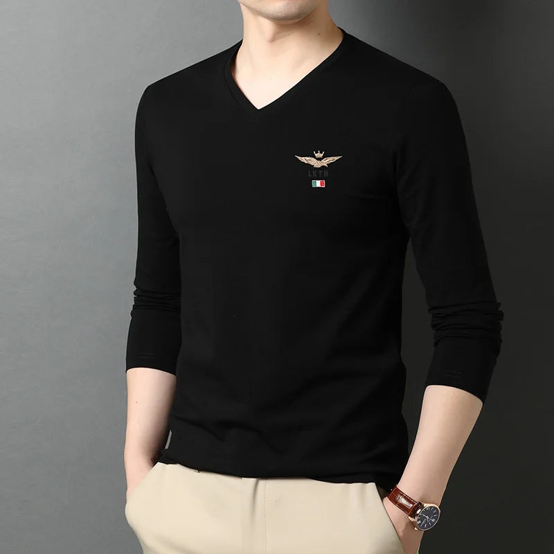 Top Quality New Fashion Brand Plain 95% Cotton 5% Spandex V Neck Long Sleeve t Shirt Men Cotton Black Casual Men Clothes 2023