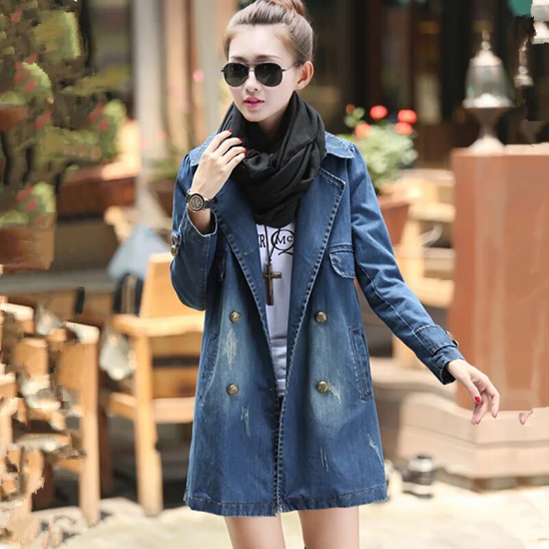 UHYTGF Spring Autumn Denim Jacket Women Long Coat Double-Breasted Casual Loose Size 4XL Jeans Jacket Elegant Female Basic Coat72