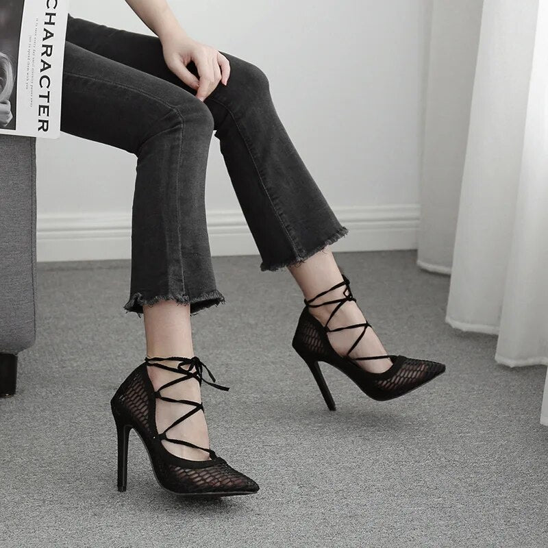 Black spring and autumn female stiletto pointed toe female hollow high heels fashion popular female high heels