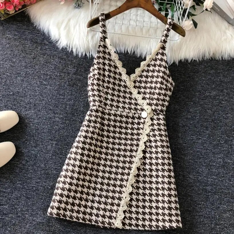 Women v-neck Plaid spaghetti strap Woolen Vest Houndstooth Sleeveless slim top waistcoat