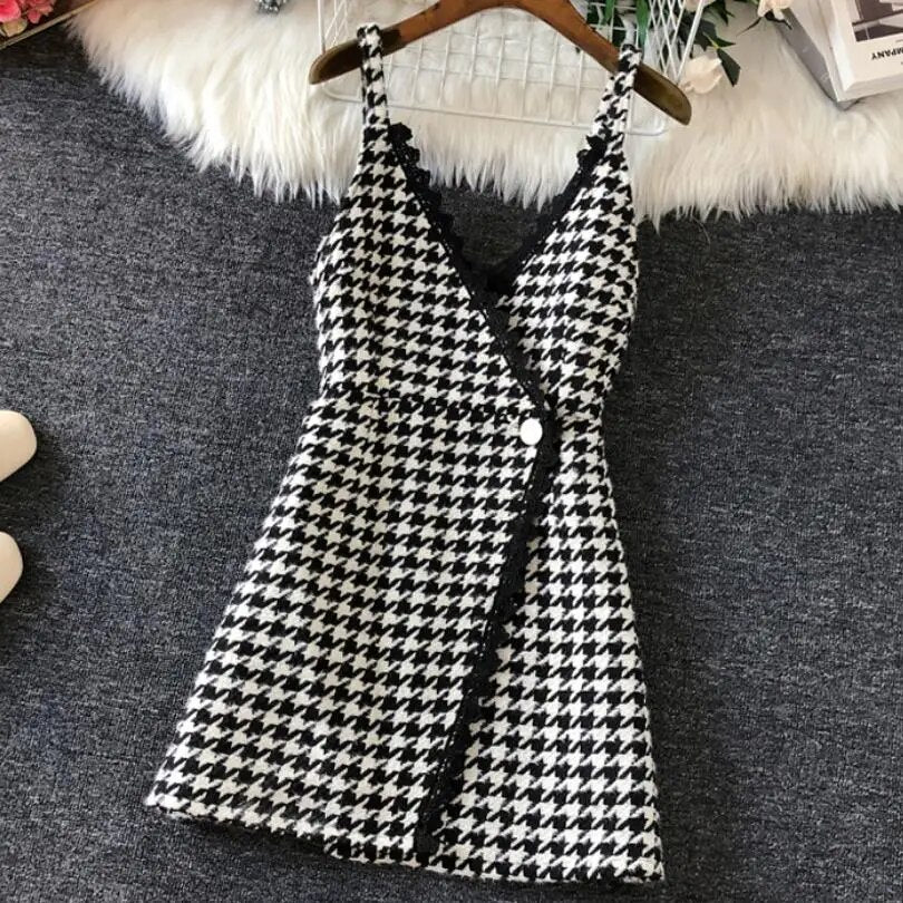 Women v-neck Plaid spaghetti strap Woolen Vest Houndstooth Sleeveless slim top waistcoat