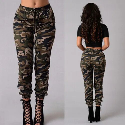 New Hot Sale Stretchy Waistband Convergent Trousers Fashion Plus Size Camouflage Stylish Skinny Army Green Jeans Pants Women