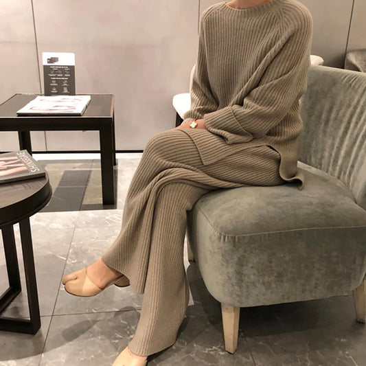 SMTHMA New Fashion Winter Women's Thicken Warm Knitted Pullover Sweater Two-Piece Suits +High Waist Loose Wide Leg Pants Set