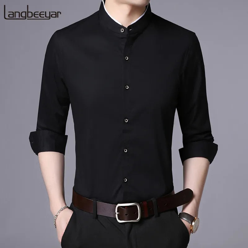 2023 Fashion Brand Shirt Men Mandarin Collar Long Sleeve Regular Fit Cotton Autumn Black Korean Dress Shirt Casual Men Clothes