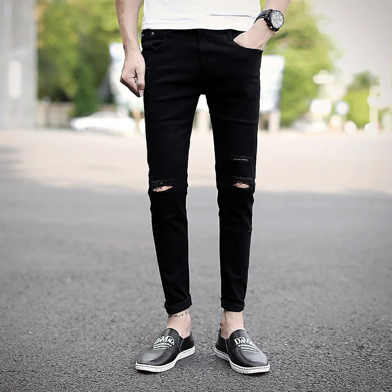 New Arrival Spring Summer Knee Hole Men Cowboy Hip Hop streetwear Black Denim Skinny Jeans Men Clothes For Teenager Pencil Pants