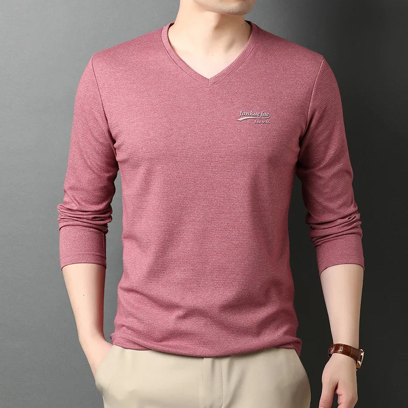 2023 Top Quality New Fashion Brand 95% Cotton 5% Spandex Plain V Neck Long Sleeve t Shirt Men Cotton Casual Men Clothes