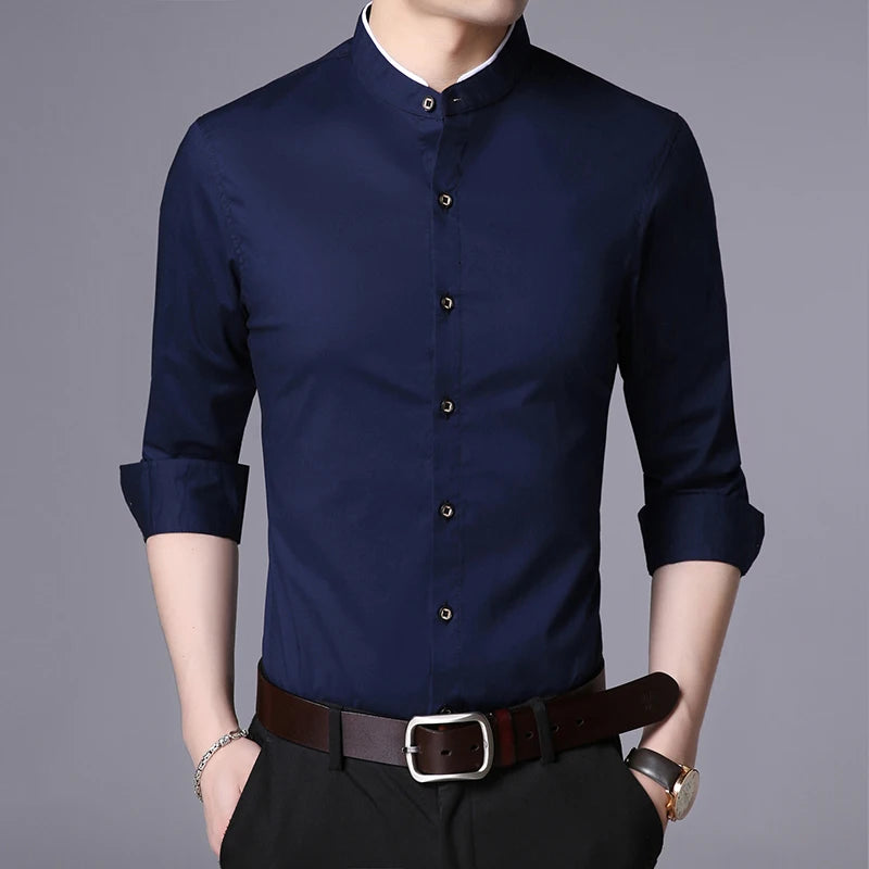 2023 Fashion Brand Shirt Men Mandarin Collar Long Sleeve Regular Fit Cotton Autumn Black Korean Dress Shirt Casual Men Clothes