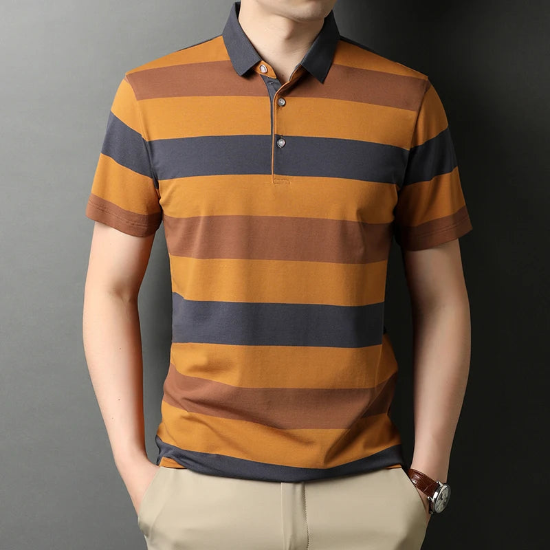 Top Quality New Summer Brand Designer Striped Turn Down Collar Men's Polo Shirt Short Sleeve Casual Tops Fashions Men Clothes