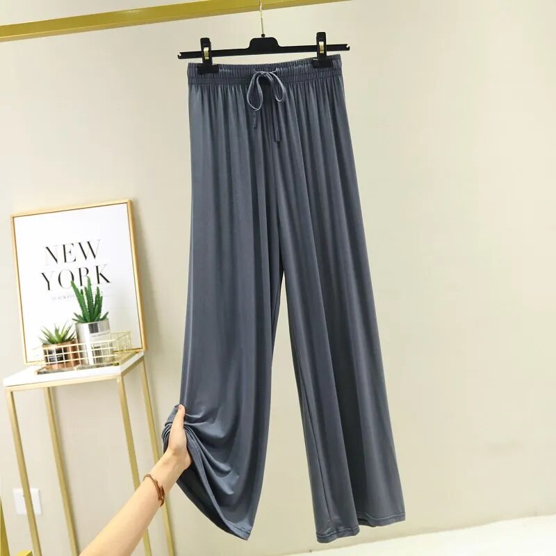 Ice Silk Wide Leg Pants Women Casual Fashion Summer 2021 High Waist Stripe Female Trousers Joker Modal Breathable Ladies Pant