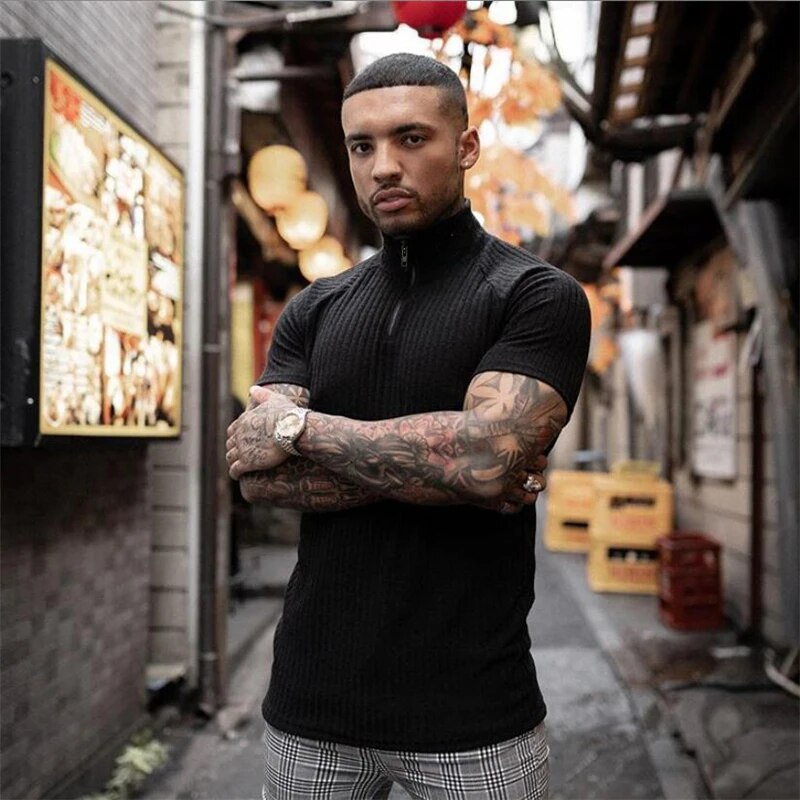 Fitness Mens T-shirt Stripe Summer Man Tshirt Fashion Tops Streetwear Male Knitted New Brand Gym Clothing Short Sleeve Tee Shirt