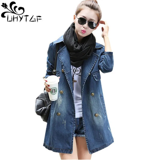 UHYTGF Spring Autumn Denim Jacket Women Long Coat Double-Breasted Casual Loose Size 4XL Jeans Jacket Elegant Female Basic Coat72