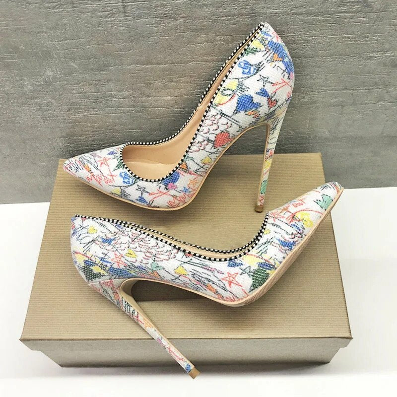 Tikicup Sew Edged Women Graffiti Printed Stiletto High Heels Pointed Toe Slip On Designer Shallow Cut Pumps Wedding Shoes White