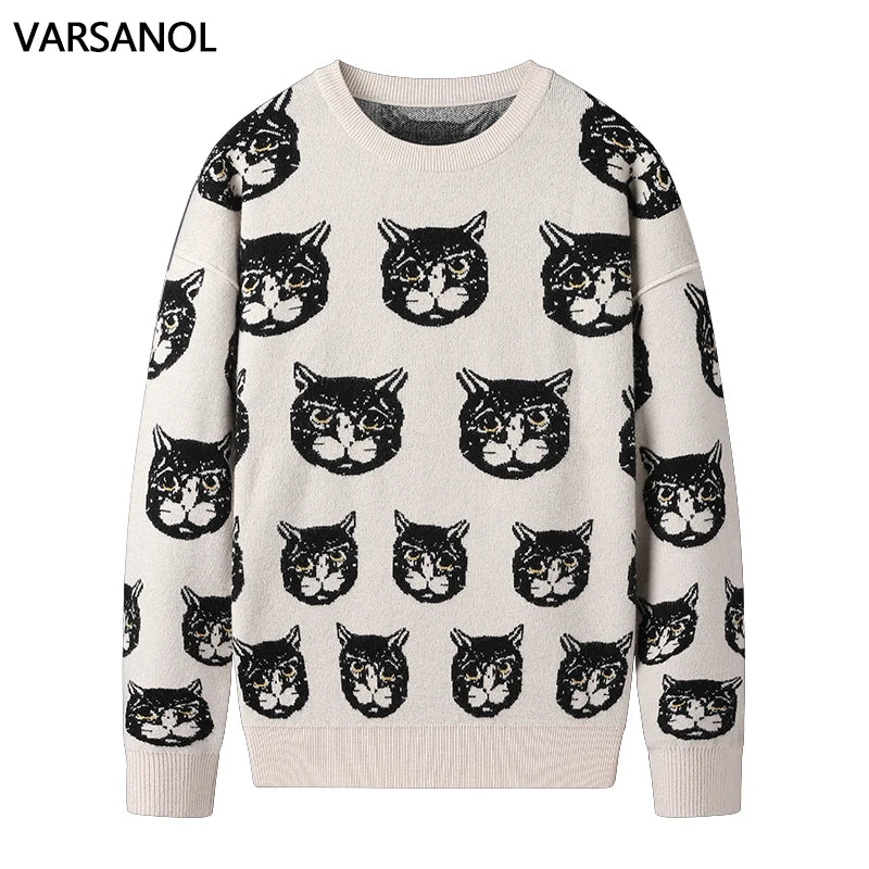 Varsanol Cartoon Cat Mens Sweaters Clothing Winter Warm Knitted Sweater Men Casual Pullovers Cotton Men Clothes Long Sleeve 2020