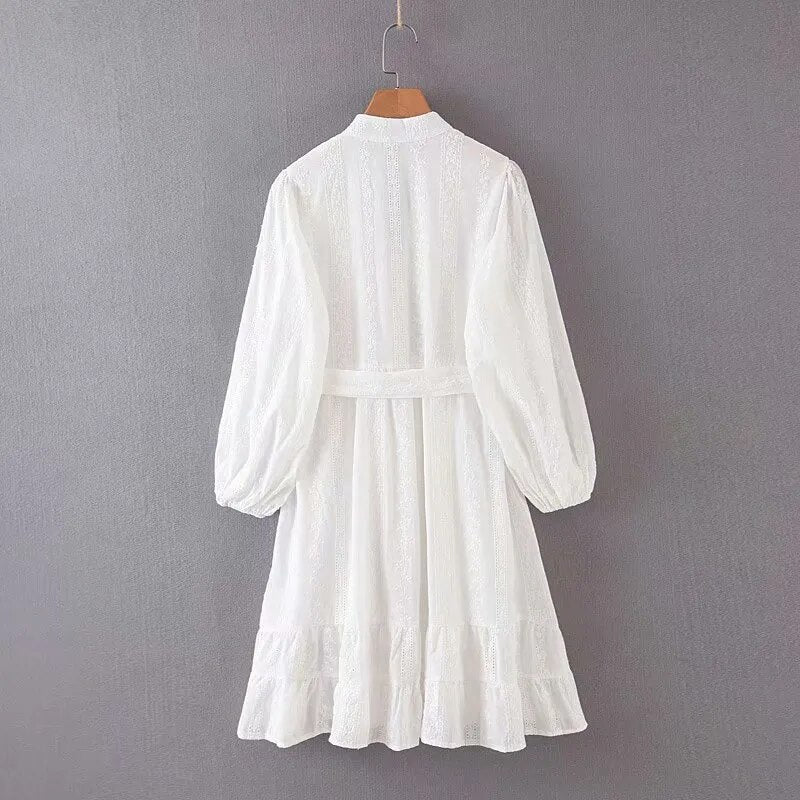 Happie Queens Elegant Women White Lace Beach Bohemian Mini Dresses Ladies V-neck Wrist Cotton Boho Dress Vestidos