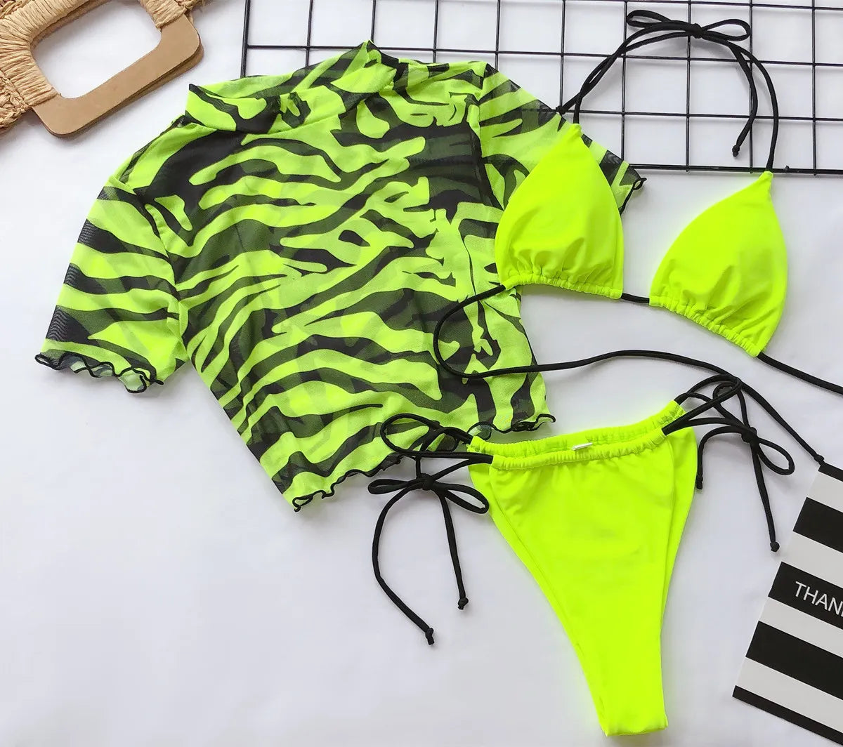 3 Piece Bikini Women Push-up Padded Neon Green Leopard Swimsuit Brazilian Short Sleeve Beach Bathing Suit Thong Swimwear Biquini