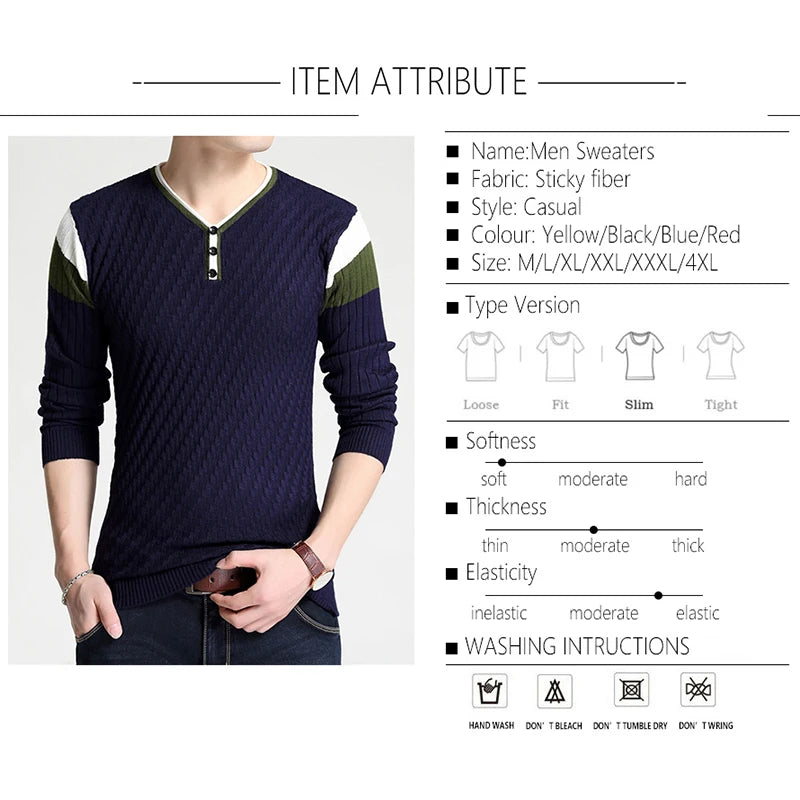 BROWON Brand-sweater Autumn Men's Button V-collar Slim Sweaters Men Elastic Knitted Sweaters Knitted Pullover Men Knitted