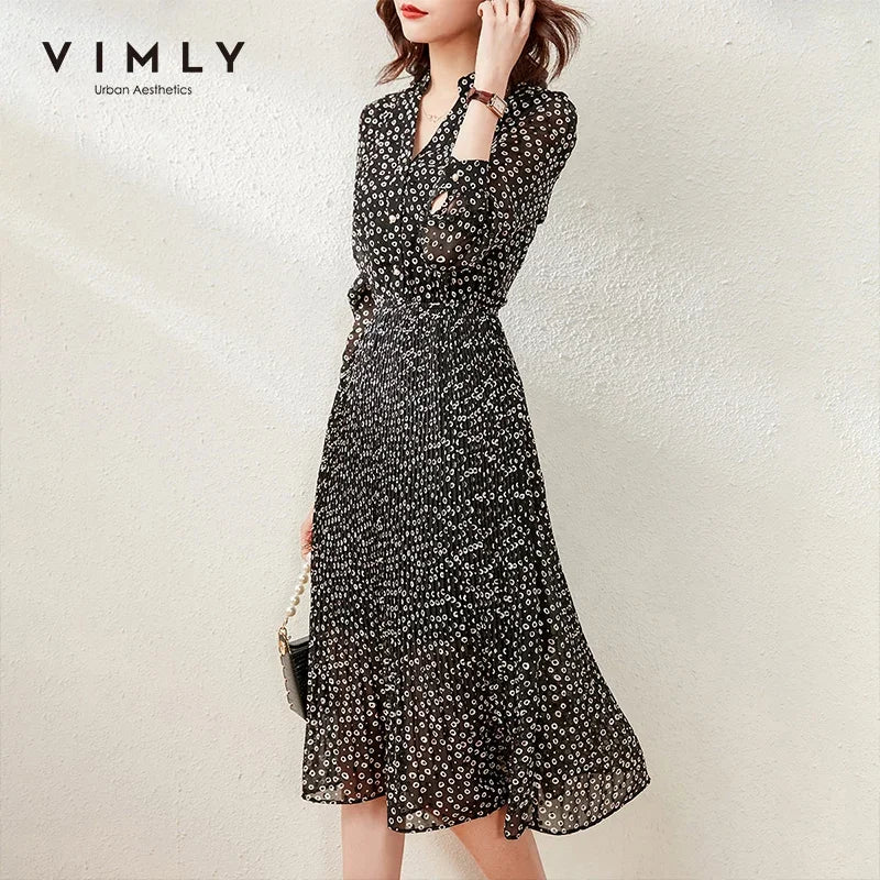 VIMLY Chiffon Midi Dress for Women 2023 Autumn Fashion V Neck Elastic Waist Floral Print Pleated Elegant Dresses Female Vestidos