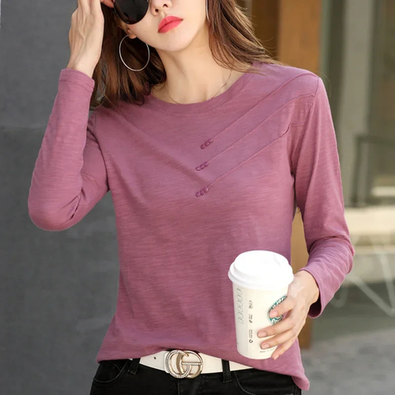 2024 Fashion O-neck Long Sleeve Shirt Women Tops Cotton T-shirt Autumn Solid Loose All-match Office Lady Korean Clothes 10800