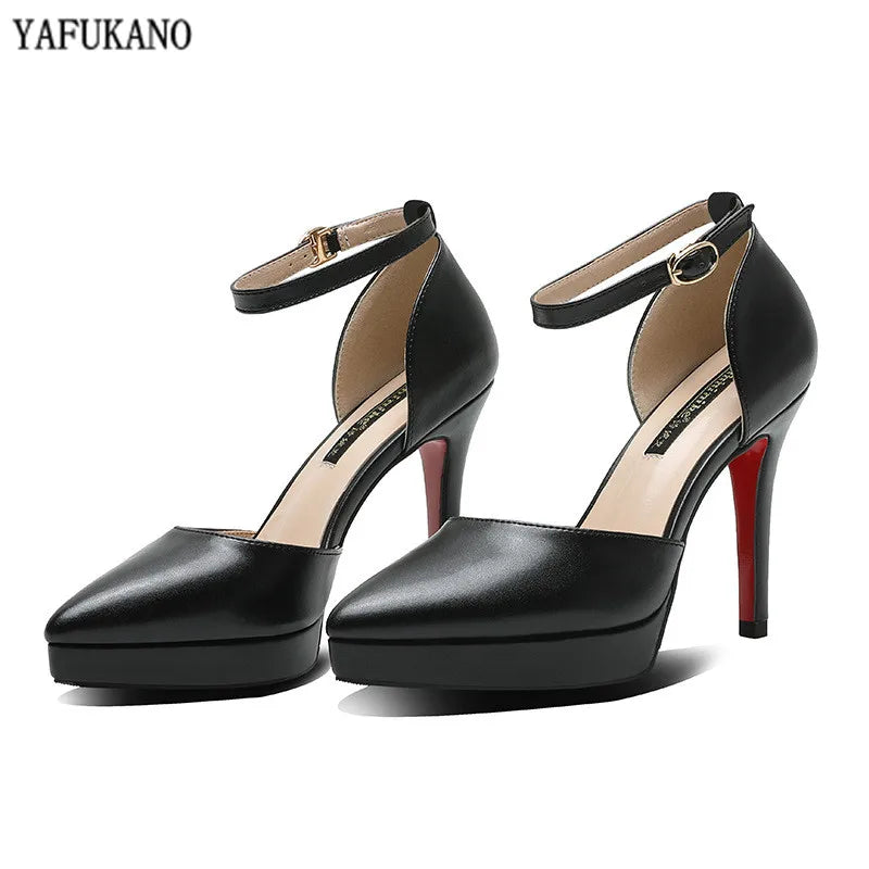 2024 Summer Brand Ankle Straps Womens Sandals 10 Cm Sexy Pointed Toe Platform Pumps Matte Leather Ladies High Heels Size 32 33