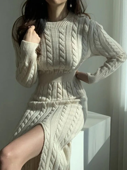 Retro Split Knit Dress Women's 2023 Autumn Winter New Waist Slimming Bottoming Sweater Skirt Dress for Women Sweaters Dresses