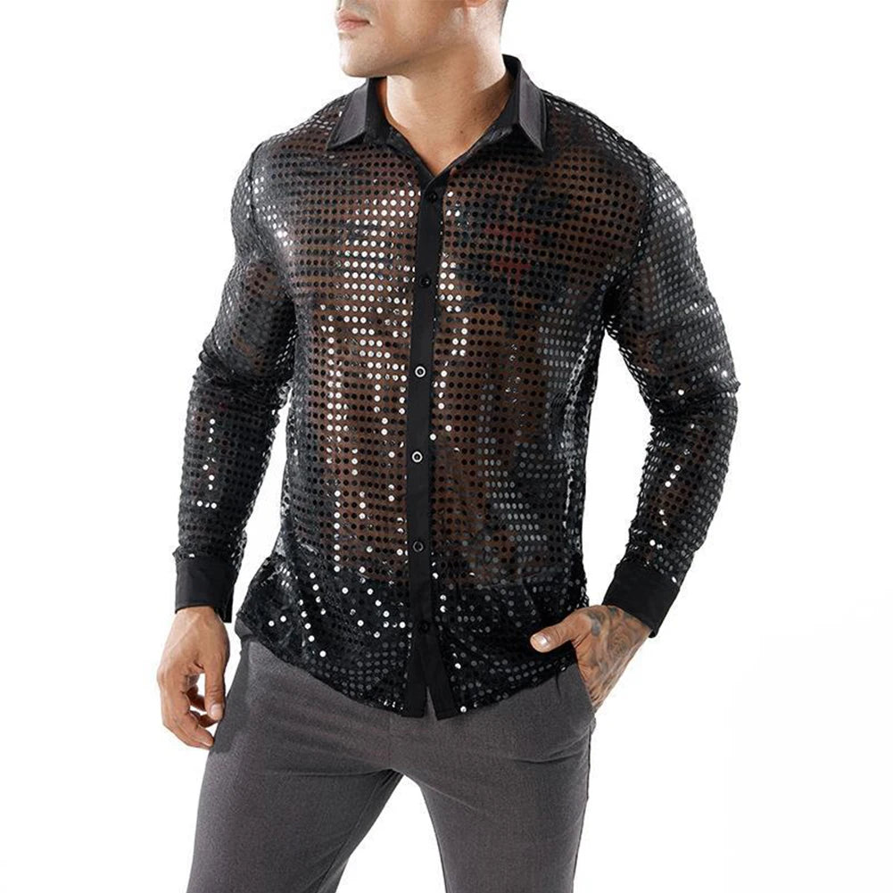 Mens Shiny Party Dance Bling Tops Retro 70s Disco Nightclub Shirt Sparkly Sequins Stage Top Single Breasted Performance Clothes