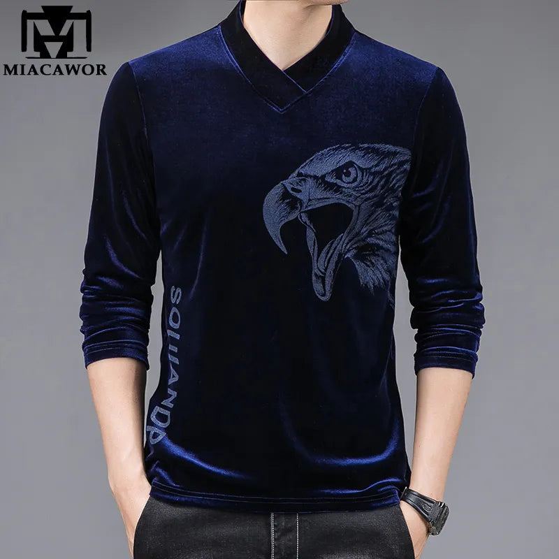 New T-Shirt Men Luxury Gold Velvet V-Neck Tee Shirts Spring Full Sleeve Camisa Masculina Casual Tops Tees Men Clothes T1145