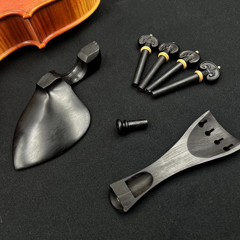 1 set violin 4/4 Carved patterns ebony wood accessories parts fittings,Tailpiece+Tuning pegs+Endpins+Chin rest/Chin Holder